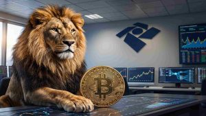 Leão ao lado de Bitcoin com símbolo da Receita Federal do Brasil ao fundo