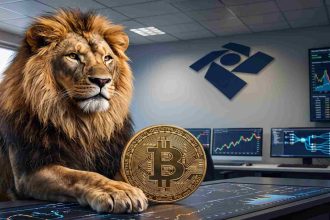 Leão ao lado de Bitcoin com símbolo da Receita Federal do Brasil ao fundo