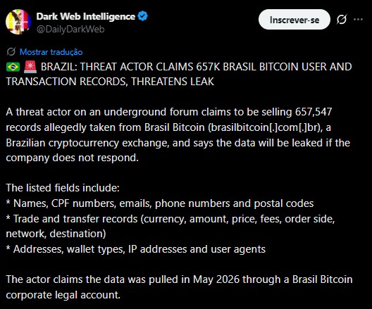 Perfil que divulga ameaças em fóruns da dark web cita corretora Brasil Bitcoin